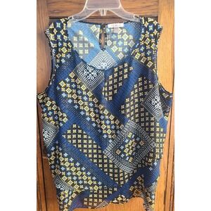 Roz & Ali Womens 1X Sleeveless Tiered Blouse Blue Yellow Geometric Patchwork Top